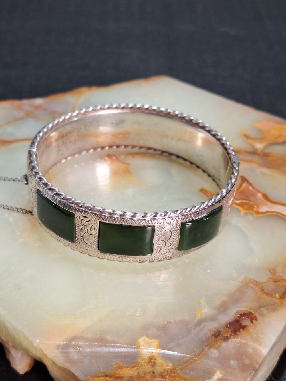 Rare H&S Haines Stephenson Sterling Silver Green Jade Panel Bangle Bracelet
